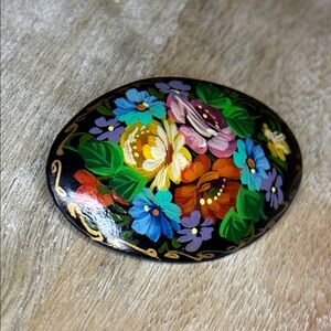 Hand painted floral wooden signed brooch